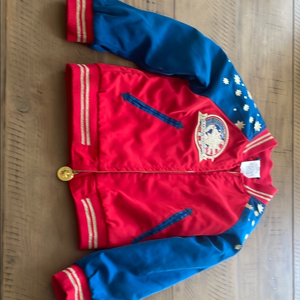 Disney Red and Blue Puffer Jacket with Color Blocking and Striped Detailing
